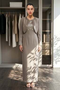 Jovani New York Beaded 2-Piece Evening Gown and Bolero Jacket Set, Taupe